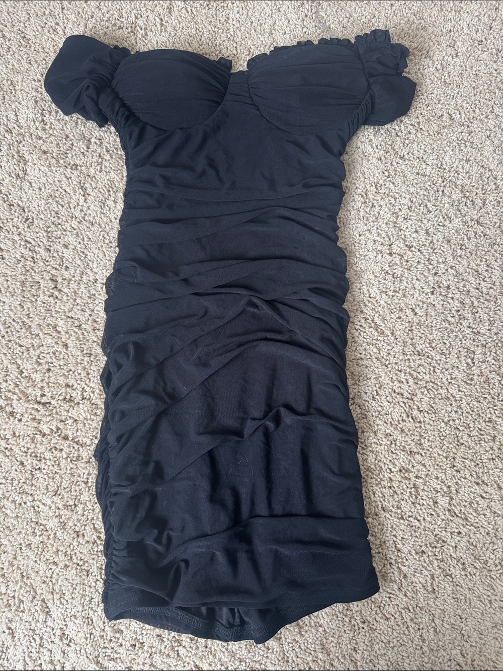 Windsor Black Off-Shoulder Ruched Mini Dress